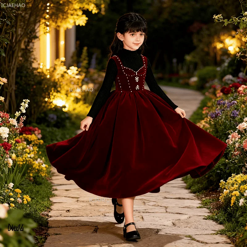 

Children Burgundy Velvet Gown Autumn Winter Princess Dress Formal Evening Party Celebration Dress Kids Piano Host Performance