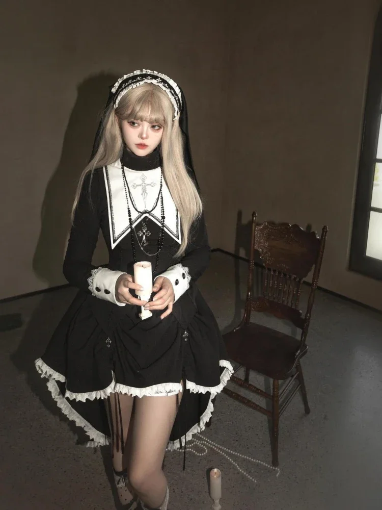 2024 New Autumn Women Lolita Black Long Sleeve Dress Gothic Harajuku Punk Sweet Dress Preppy Style Kawaii Temperament Mini Dress