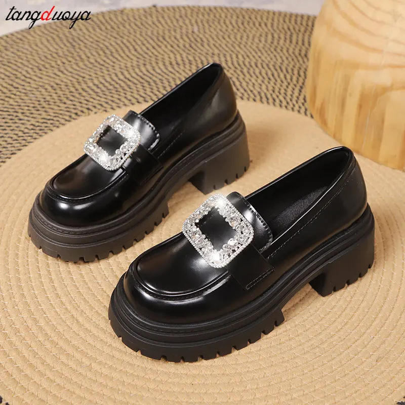 Rhinestone Chunky Loafers Women Platform shoes mary janes Casual Leather Slip On Ladies shoes beige Fashion Spring College style