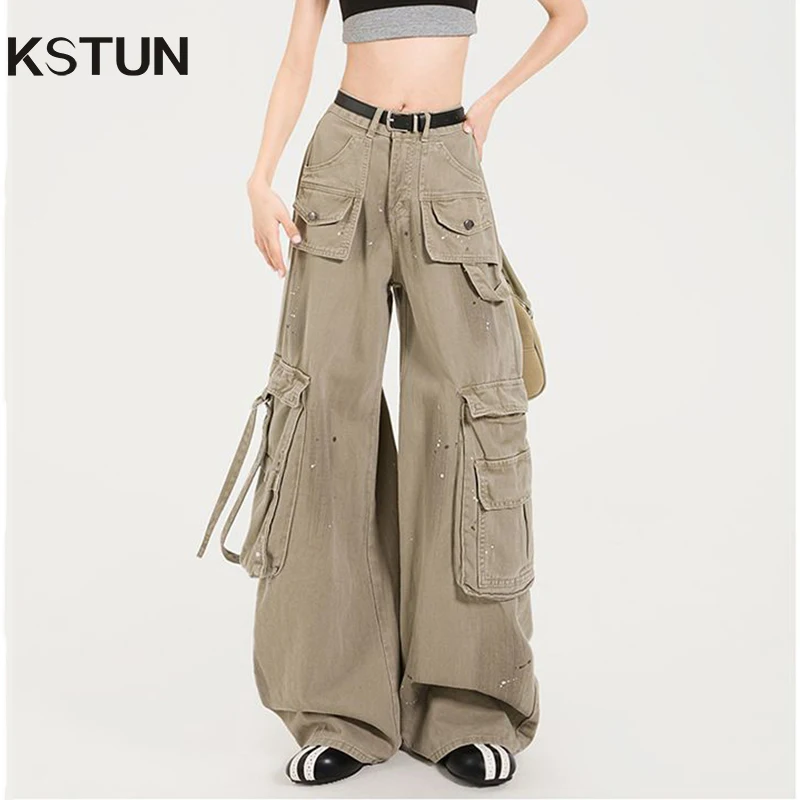 

KSTUN 2025 Americian Style Wide Leg Cargo Jeans Women Baggy Pants Multi-Pockets Female High Waist Loose Jeans Streetwear Painted