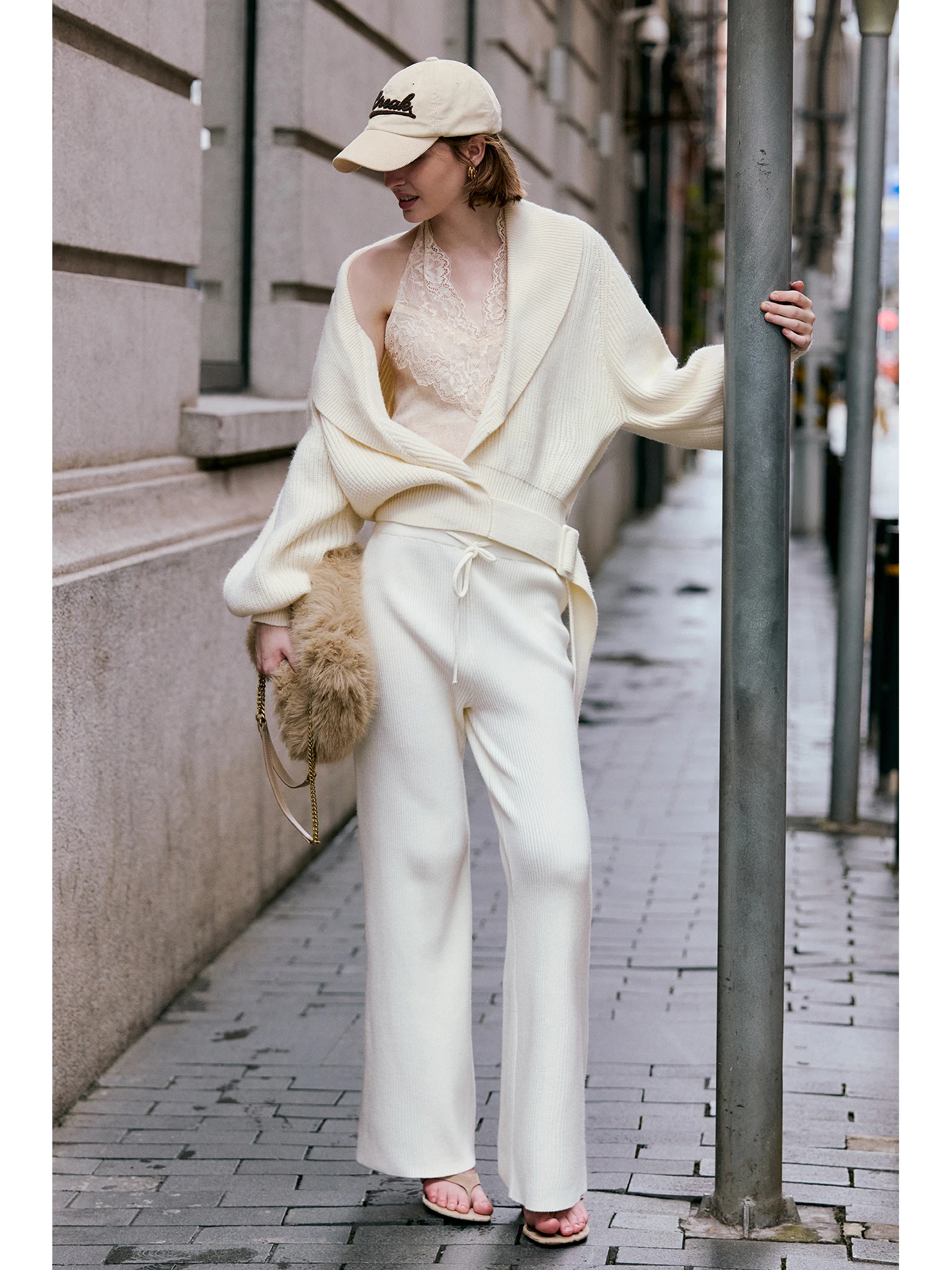 Luna7xi Women's Knitted Long Sleeve Sweater Coat with Stand Collar Waist Cinching Belt Casual Comfortable Korean Style
