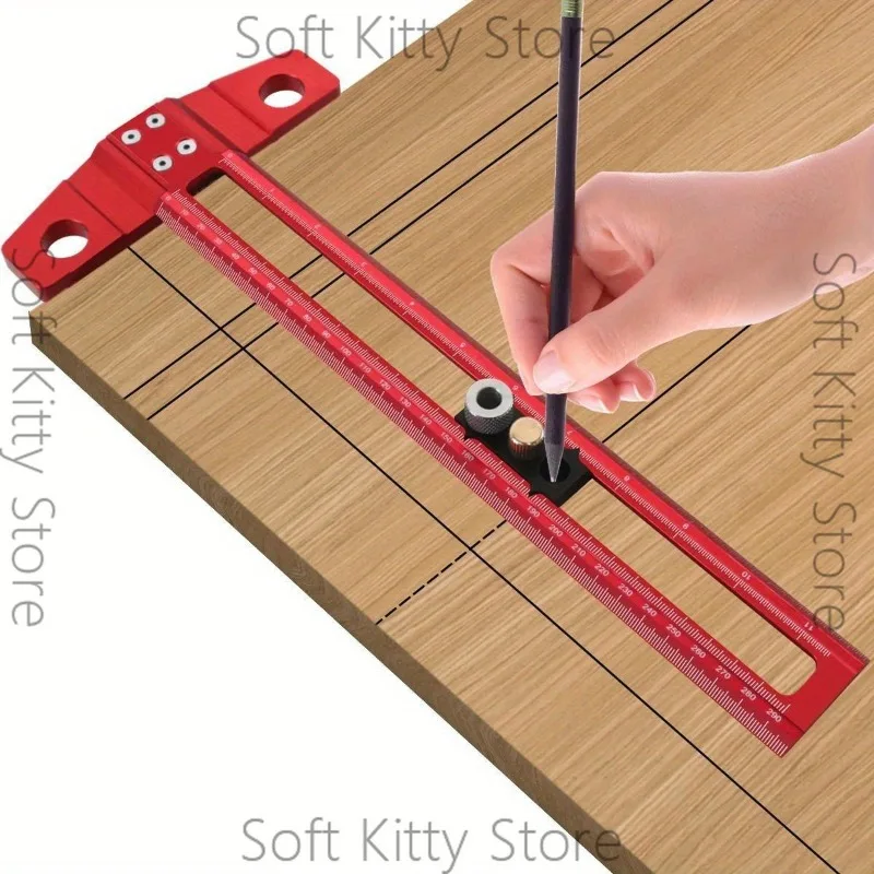 12-Inch woodworking hole drawing ruler, parallel and vertical line drawing T-shaped line hole scribing, marking ruler