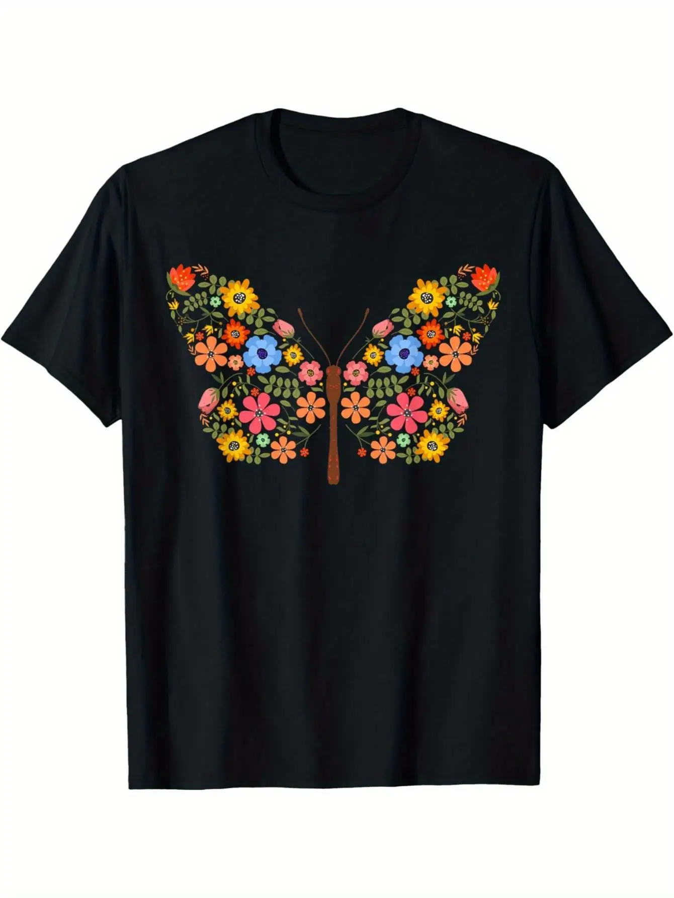 

Black Flower Emperor Butterfly T-shirt for Men and Women Vivid and Colorful Digital Printed Short SleeveArt Butterfly and Flower
