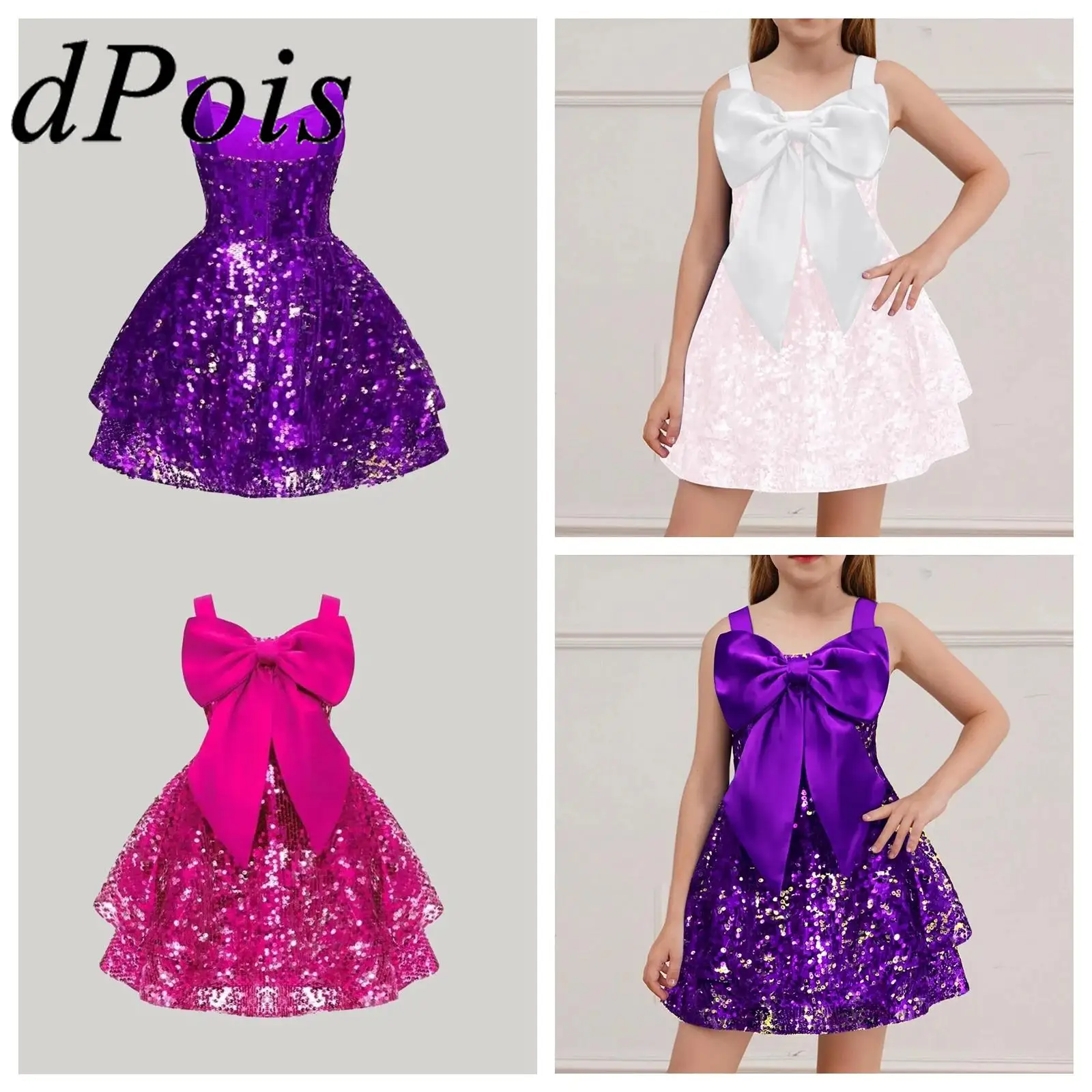 

Girls Carnival Party Dress Sequins Bowknot Sparkly Mini Dress Girl Clothes Special Occasion Evening Birthday Festival Costume