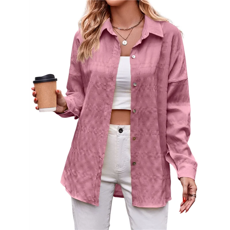 

FX-Womens Casual Collared Blouse Loose Fit Long Sleeve Button Down Seersucker Shirt Tops