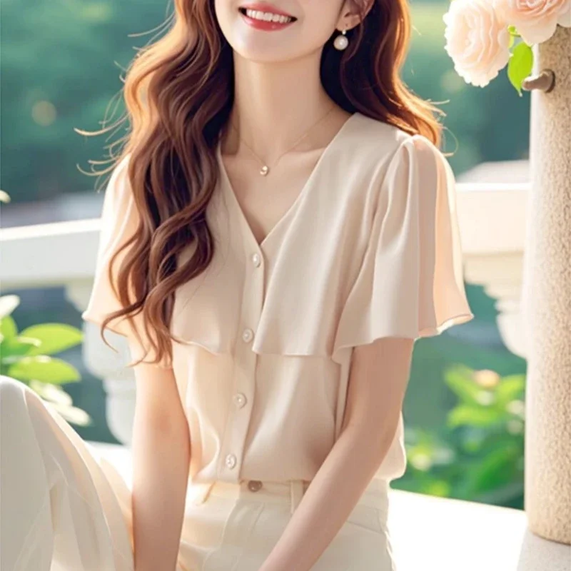 

Vintage Women's Blouses Korean Shirts Fashion V-neck Ruffle Loose Spring/summer Clothing Solid Color Short Sleeve Women Tops