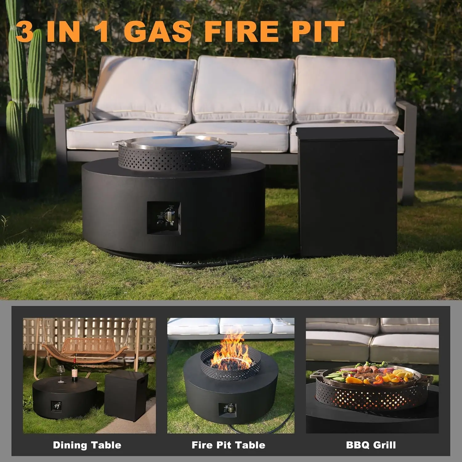 2- Outdoor Fire Pit Table, 32 Inch 3 in 1 Propane Fire Table 65,000 BTU Black Round Gas , Baking Sheet, Wind Guard and 16 inches