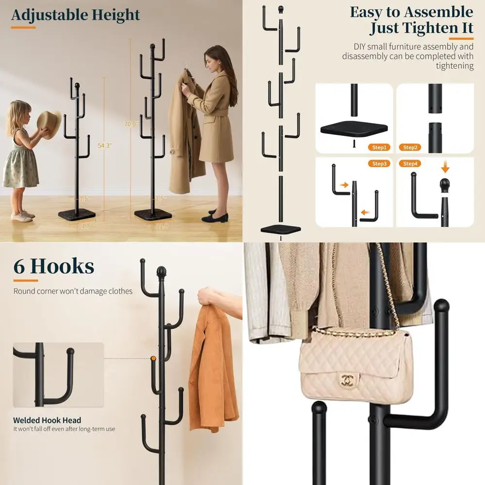 

6-Hook Cactus Style Coat Rack with Natural Marble Base - Heavy-Duty Metal Stand for Entryway, Ideal for Jackets, Hats, and Bags