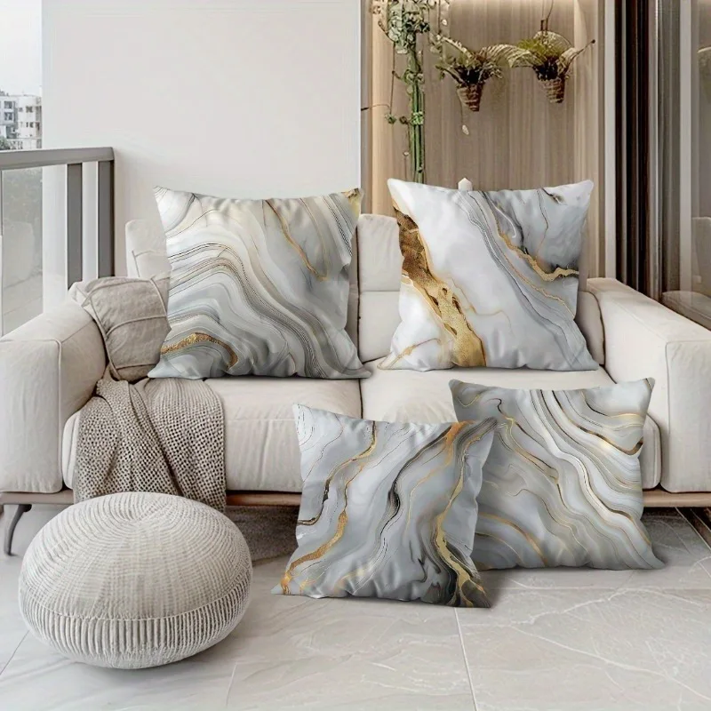 Marble Texture Throw Pillow Covers with Gold Accents - Modern Home Decor for Sofa, Couch