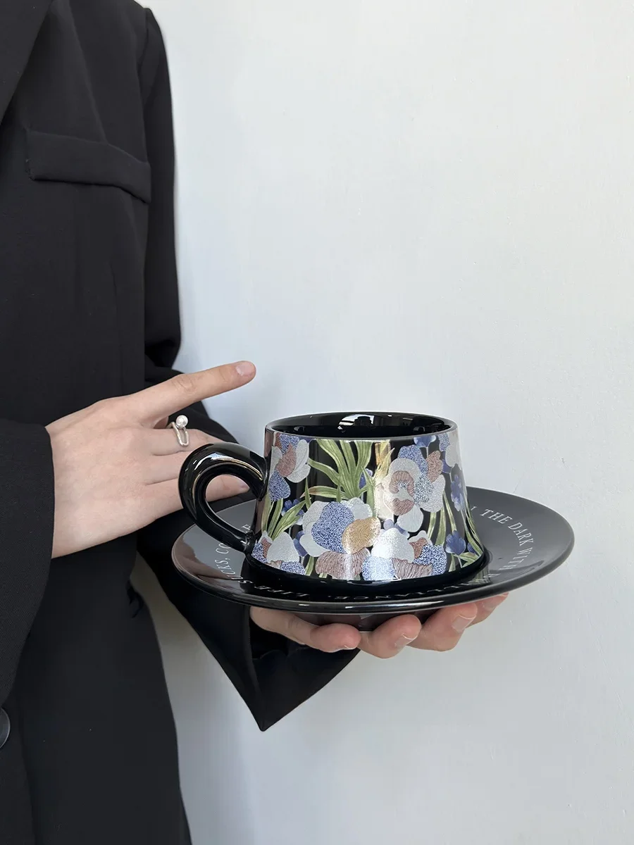 Handmade Orange Ceramic Coffee Cup with Saucer for Afternoon Tea Office Use Nordic Style Watercolor Pattern Microwave Oven Safe