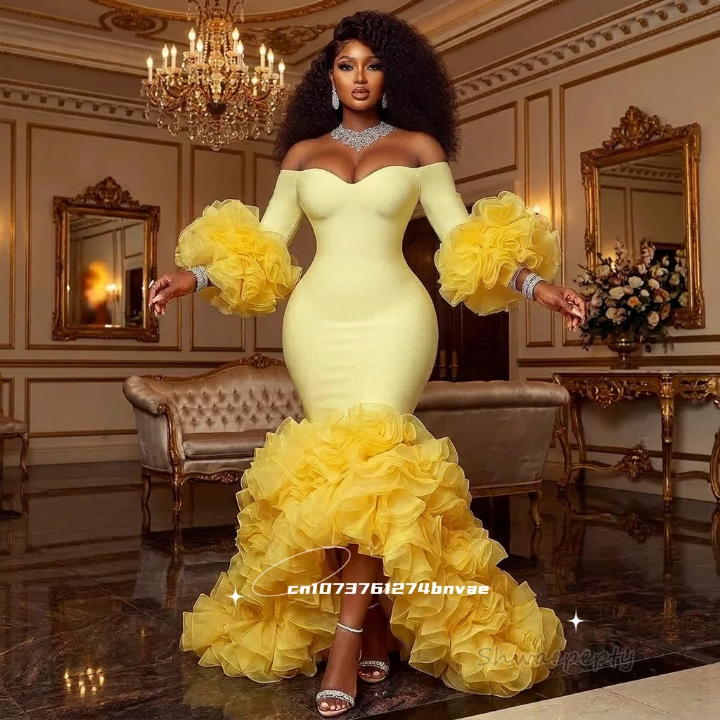 African Aso Ebi Yellow Mermaid Prom Dress Off Shoulder Ruffles Hi-Lo Evening Gowns Flare Sleeves Birthday Party Gowns Customized
