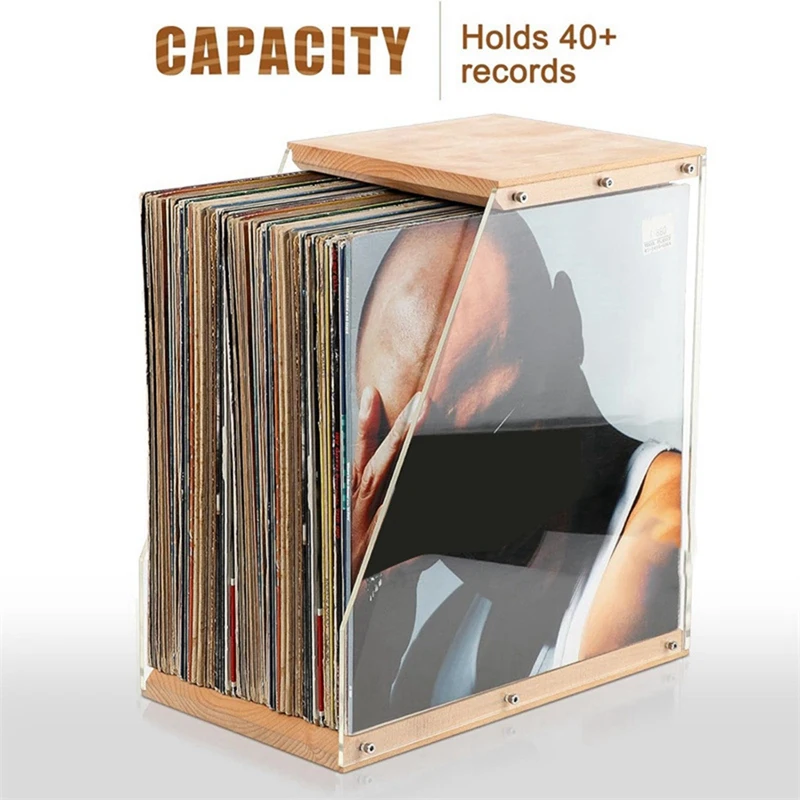 Record Storage Holder Solid Wood Display Rack Holds 40+ Album Desktop Organizer Stand For Books Magzines Files