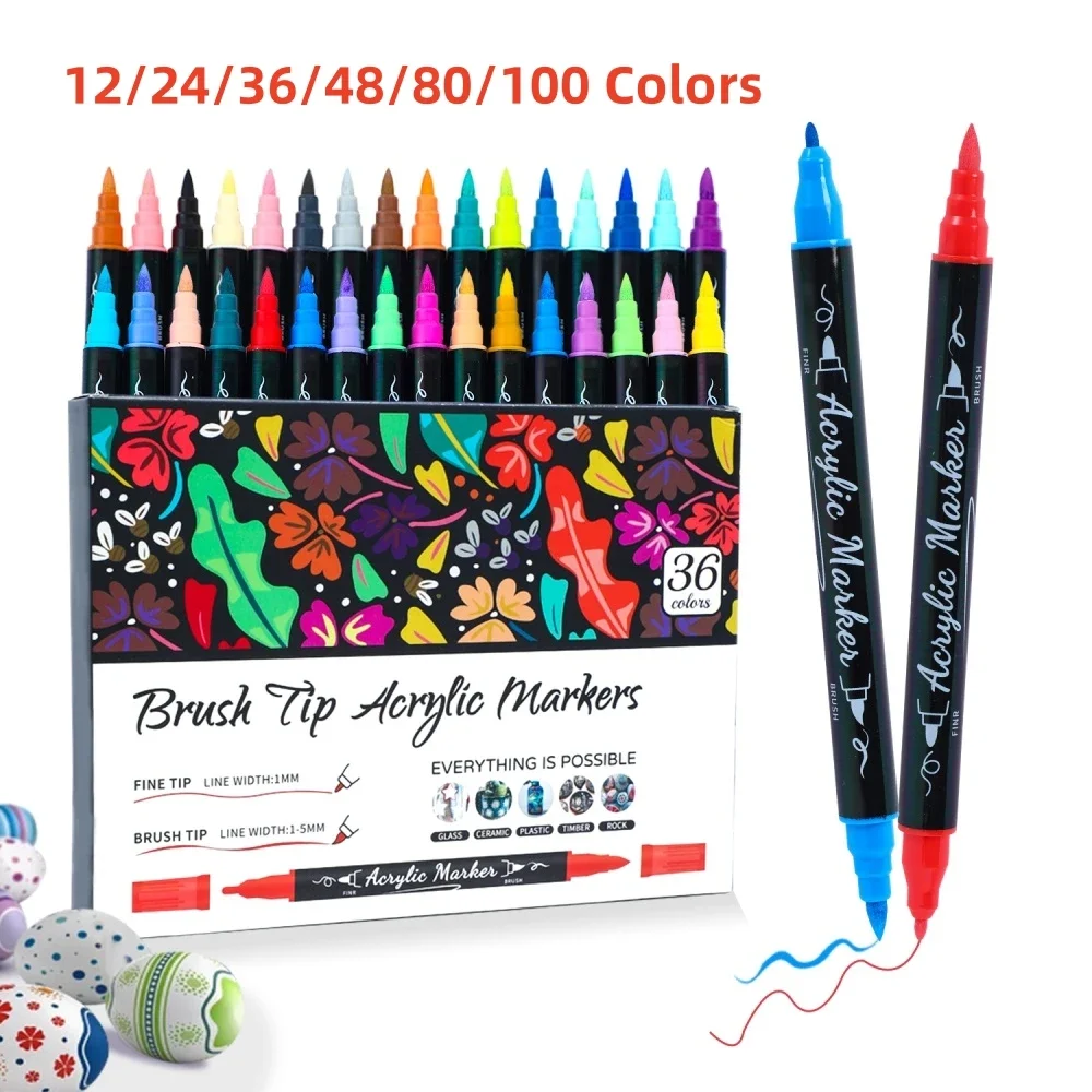 

12-100 Color Dual-Tip Acrylic Painting Markers Waterproof Quick-Dry Markers for Wood Canvas Ceramic Child DIY Craft Art Supplies