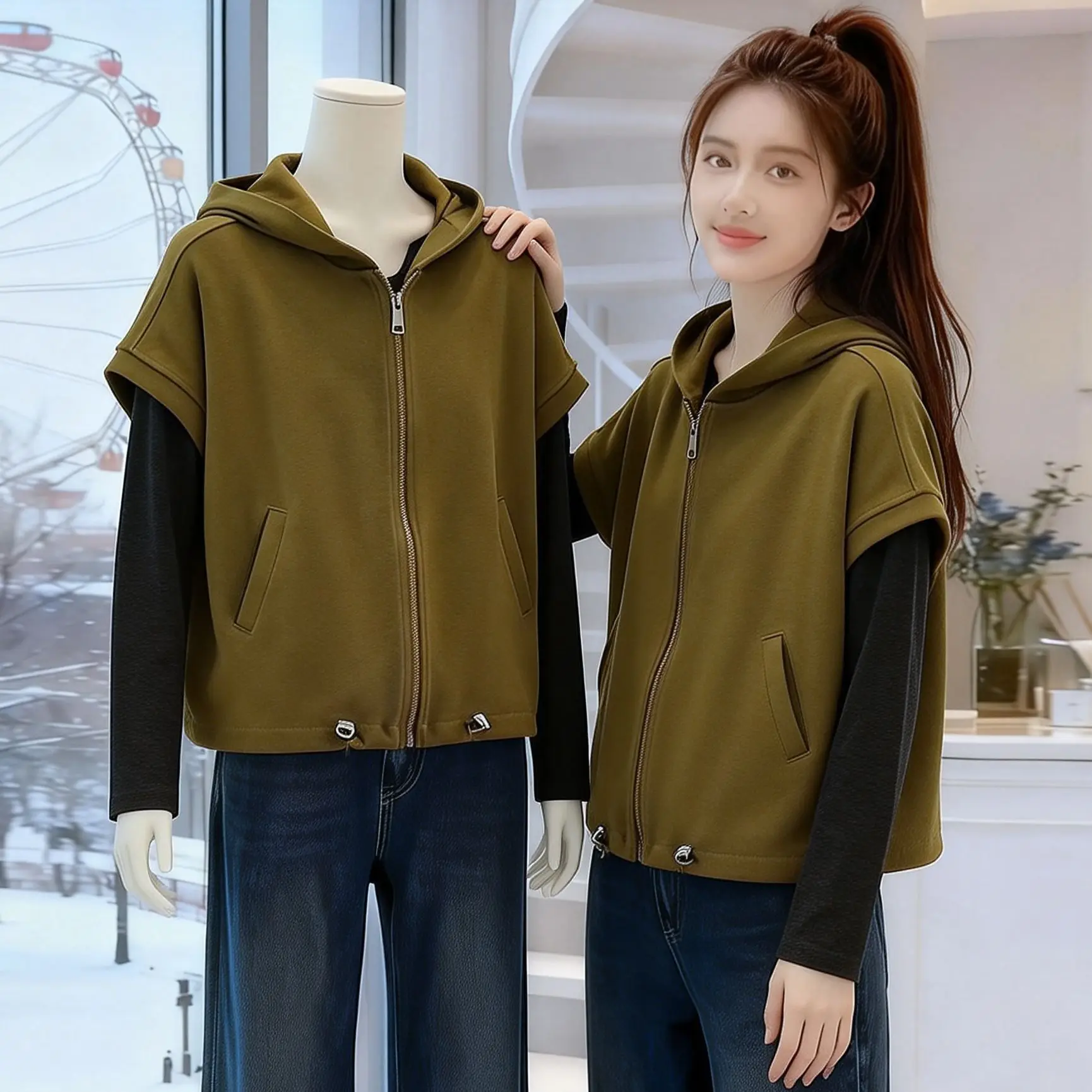 

Модный женский кардиган-жилет, весна-осень 2026, новинка, с капюшоном, без рукавов, с декоративной строчкой, дизайнерский жилет-пальто, верхняя одежда для женщин