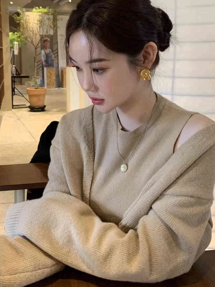 Chique gebreide trui set voor dames rond Ne Base Vest oulder Bared ort Sexy tweedelige herfst winter Faion pendelen Sle