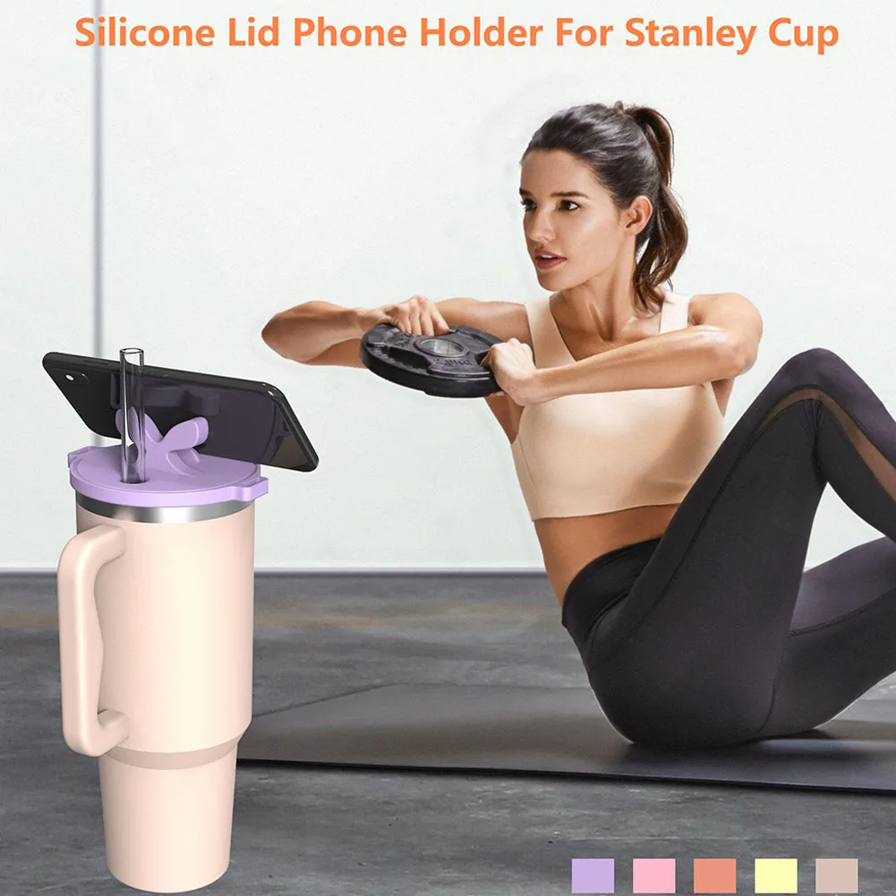 Silicone Water Bottle Leak-Proof Lid with Cell Phone Stand Cup Lid Replacement Reusable Tumbler Cover for Stanley 40oz Cup