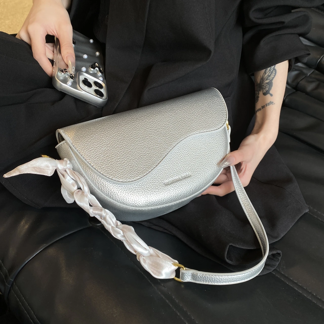 Small Saddle Crossbody Bag For Women Semicircle Design PU Leather Underarm Handbag Trend Silver Bag Shopper Armpit Purse