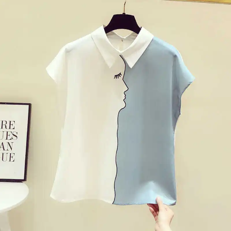 Blusa feminina que combina com tudo, impressão com contrastes em retalhos, camisa de escritório solta, tops elegantes, roupas femininas casuais, moda verão, nova