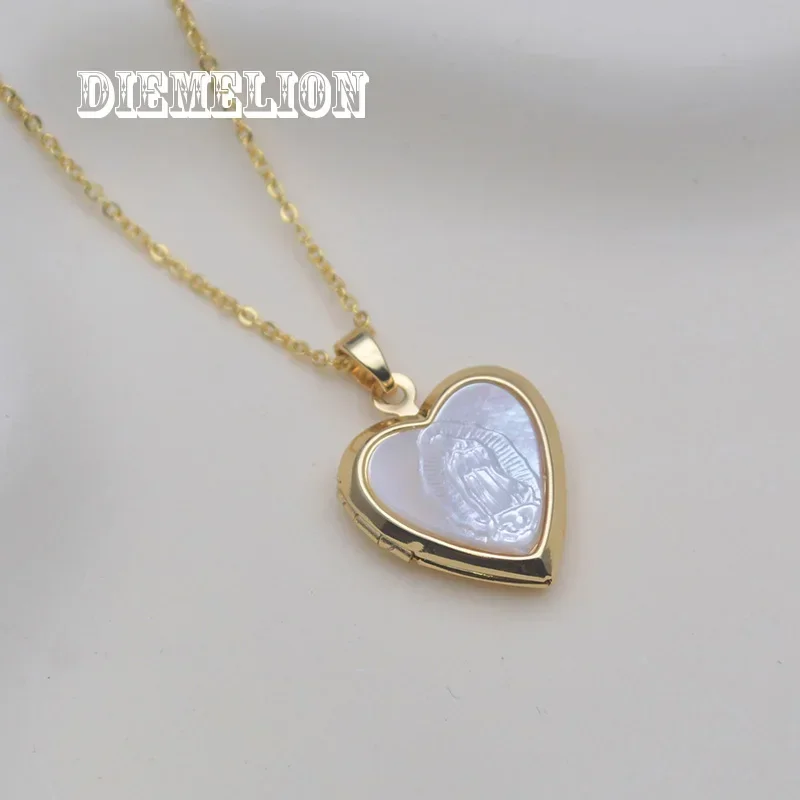 Fashion Virgin Mary Medal MOP Shell Pendant Gold Plated Peach Heart Shaped Photo Picture Frame Openable Locket Necklace Jewelry