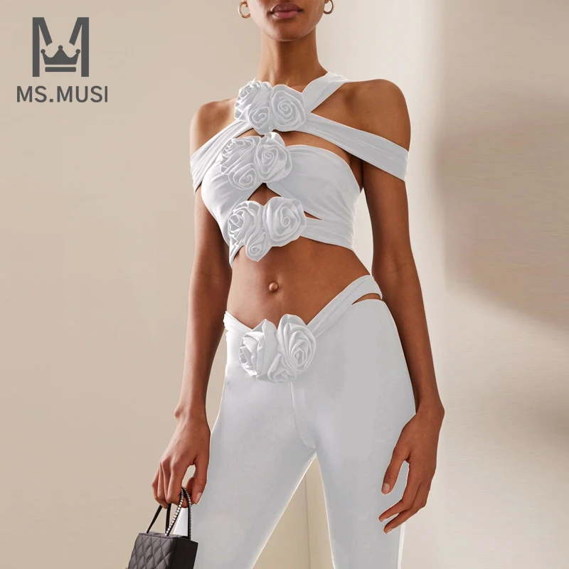 

MSMUSI 2023 New Fashion Women Sexy Floral Hollow Out Two Piece Set Bodycon Party Off The Shoulder Top Flared Long Pant Set Suit