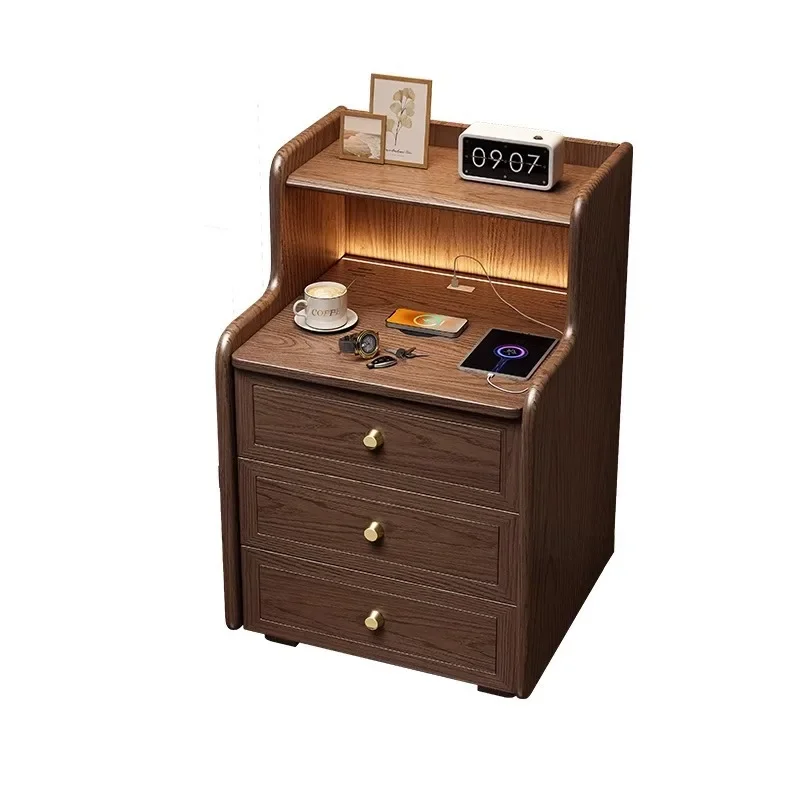 Solid wood smart bedside table Safe integrated cabinet 2024 Bedroom with lamp Household fingerprint password lock Bedside cabine