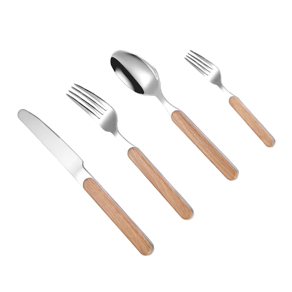 

4Pcs Wood Stainless Steel Cutlery Set Retro Kit Vintage Spoon Fork Knife Set Safe