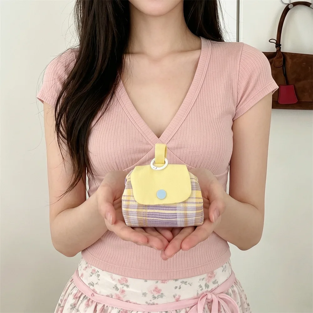 Pastel Color Block Mini Fabric Storage Bag Portable Keychain Pouch Lightweight Small Wallet For Earbuds Makeup Tiny Accessories