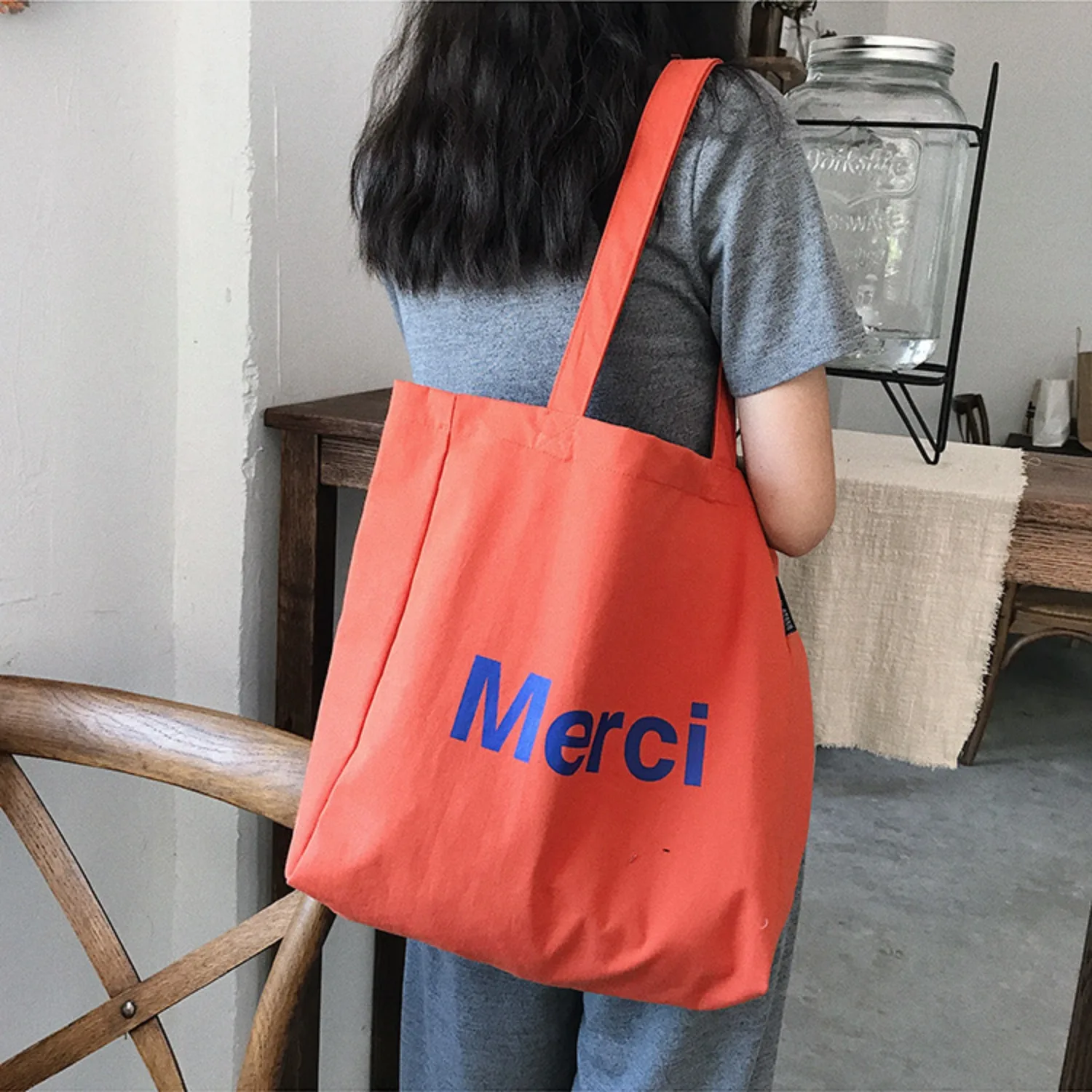 Merci Women Big Canvas Shoulder Bags French Print Eco Friendly Grocery Shopping Bag Cotton Cloth Handbag Casual Tote For Ladies