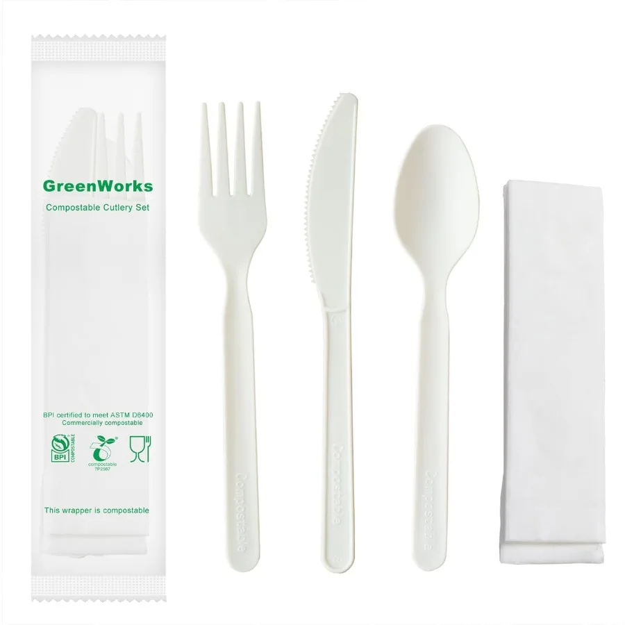 

7" Heavy-duty Compostable Cutlery Kits BPI Certified 200 Sets Fork Spoon Knife Napkin 4 in 1 Individually Wrapped With Composta