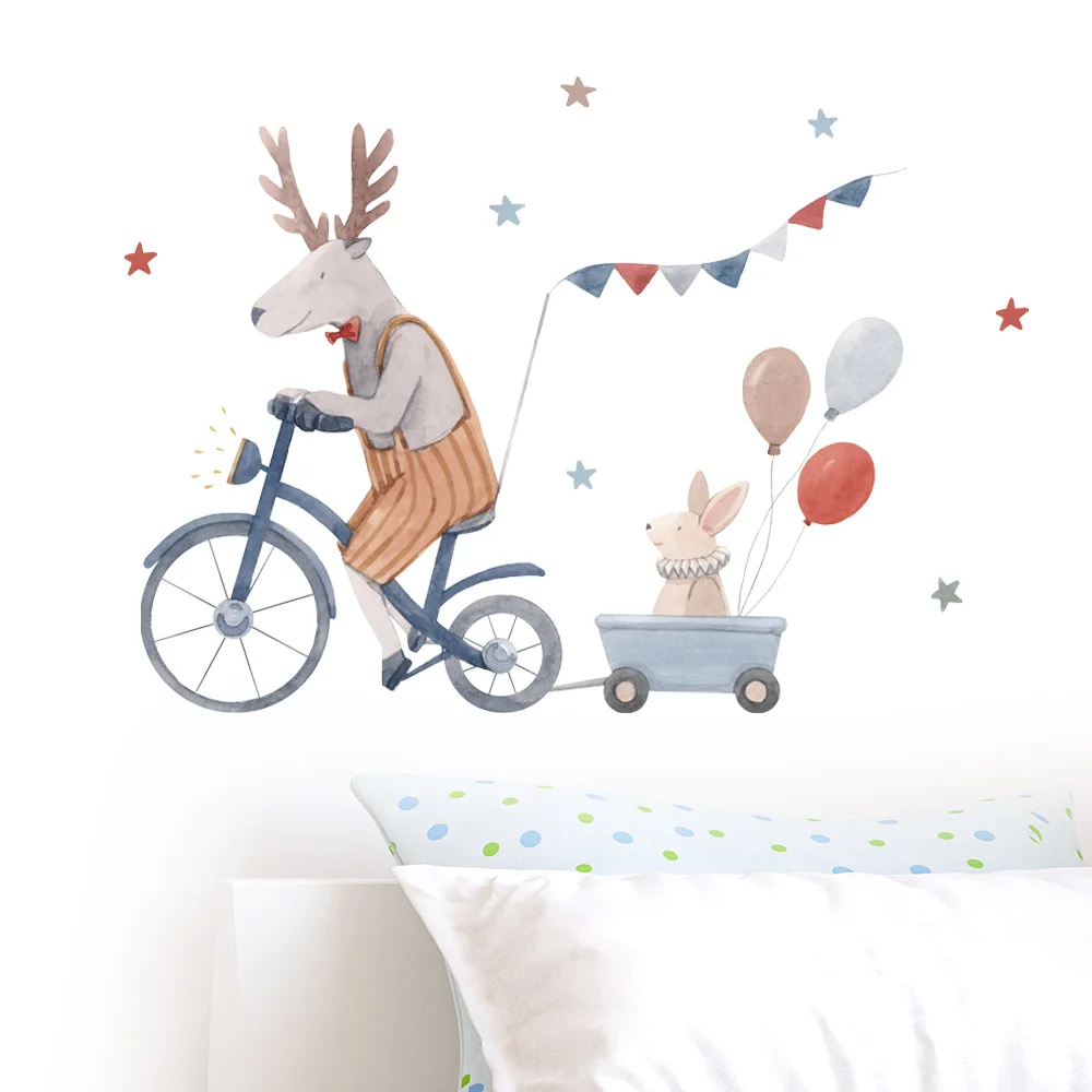 Съемные настенные наклейки Mr. Deer Biking для детской комнаты, спальни, двери, окна, Декор, самоклеящиеся плакаты, фрески «сделай сам»