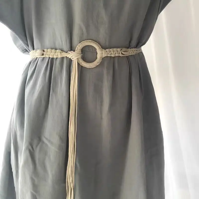 

New wax rope weaving woman belts for dress fine tassels knotted waistband round buckle braided woven waist chain ladies straps