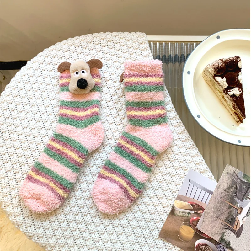 Cute dog Korean Coral fleece Socks Thick Women Winter Warm Long Sock Home Sleep Plush Socks Harajuku Stripe Girl Sokken Sox