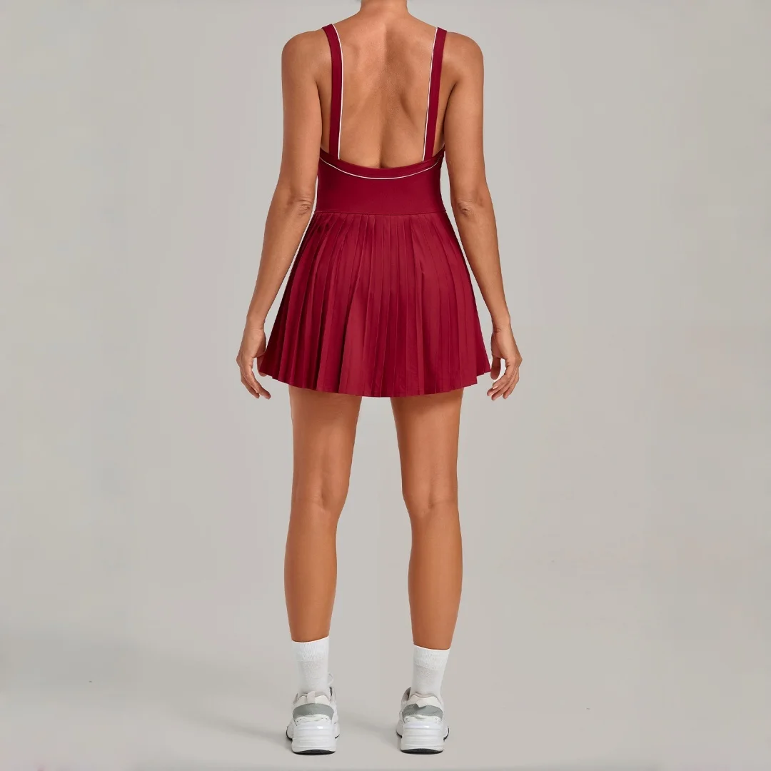 Tennis Dress Sports Fitness Backless Anti-light Pocket Pleated Golf Tennis Badminton One-piece Running Workout Gym Yoga Dress