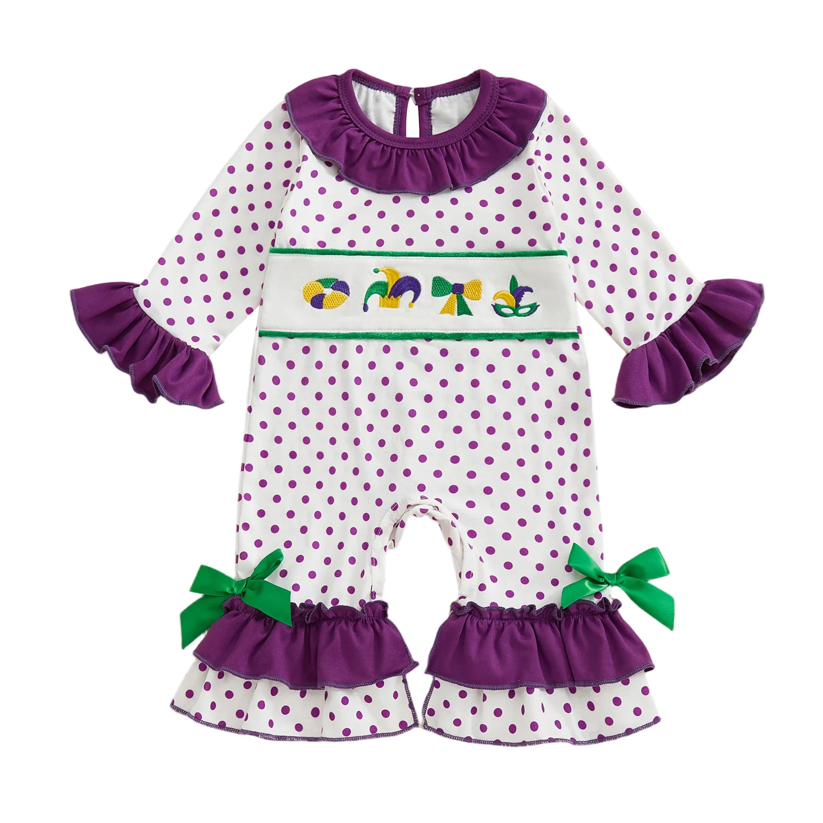 

Baby Girl Carnival Casual Jumpsuit Infant Long Sleeve Doll Collar Dot Print Embroidered Bodysuit
