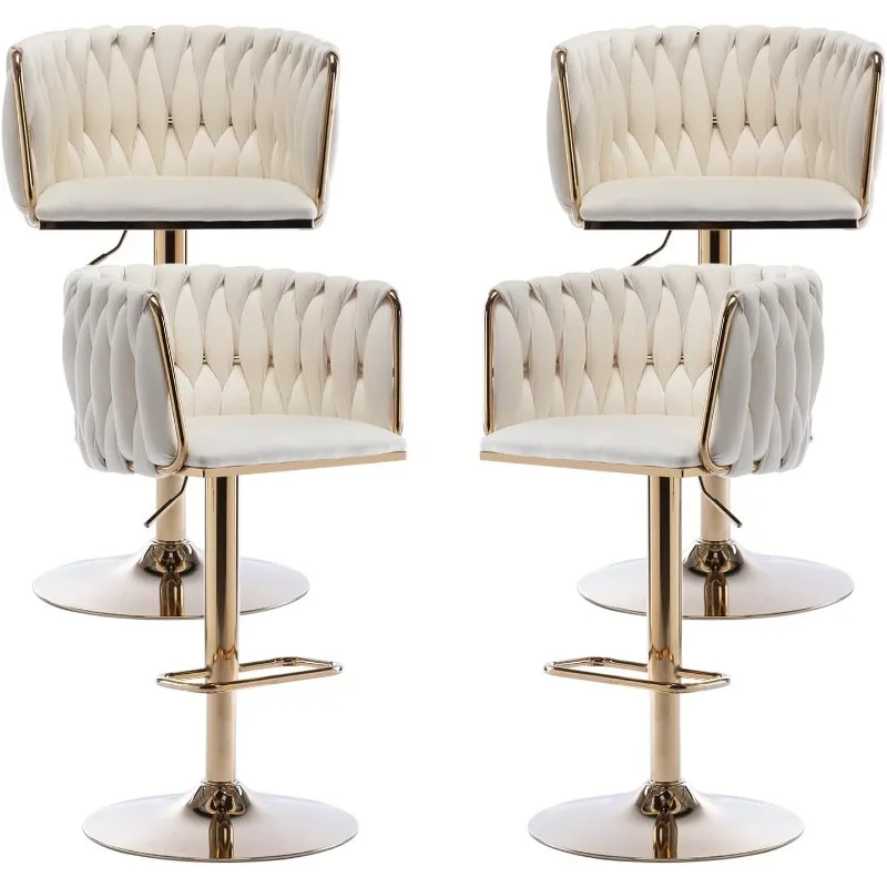 Velvet Bar Stools Set of 4, Swivel Counter Height Bar Stool with Woven Back, Gold Kitchen Bar Stools