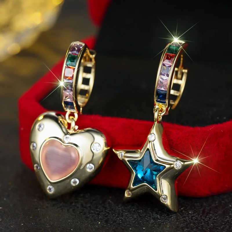 European and American New Asymmetric Love Star Ear Buckle Women's Light Luxury Colorful Ladder Square Zircon Accessories