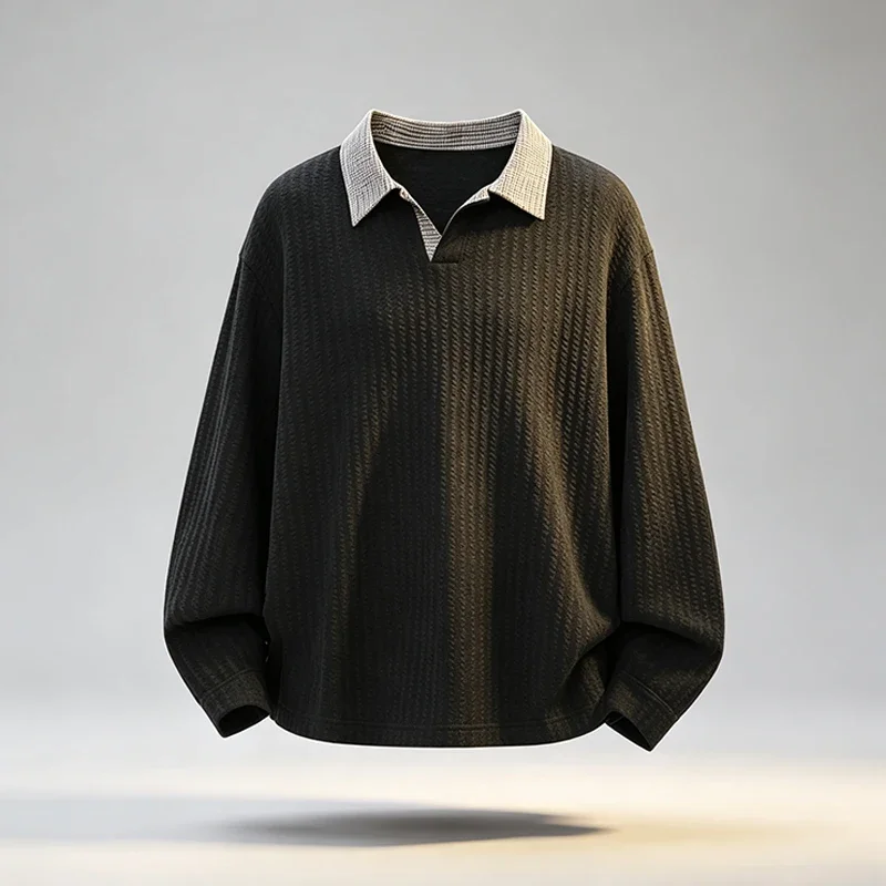 Men Textured Long Sleeve Polo Shirt Contrast Plaid Collar Loose Fit Vertical Striped Knit Casual Tops Streetwear Daily Wear