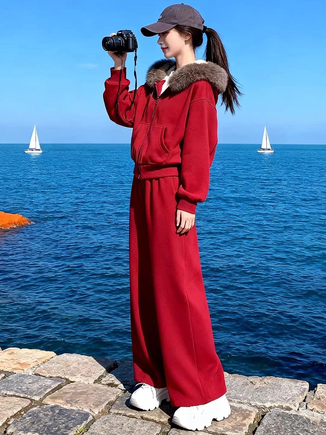 

Faionable Women's Winter Outfit 2026 Hooded Jaet with Fur Collar Casual Pants Ele And Beautiful Set High Waist