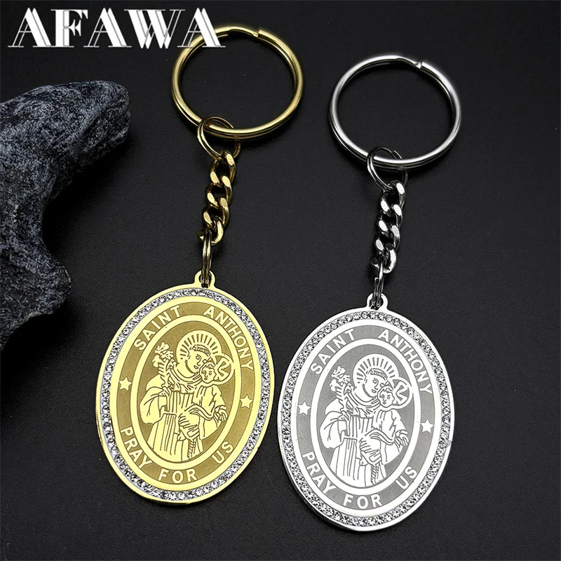 Llaveros cristianos St.Saint Anthony Pray Us para mujeres y hombres, llavero de acero inoxidable de Color dorado con diamantes de imitación religiosos, joyería