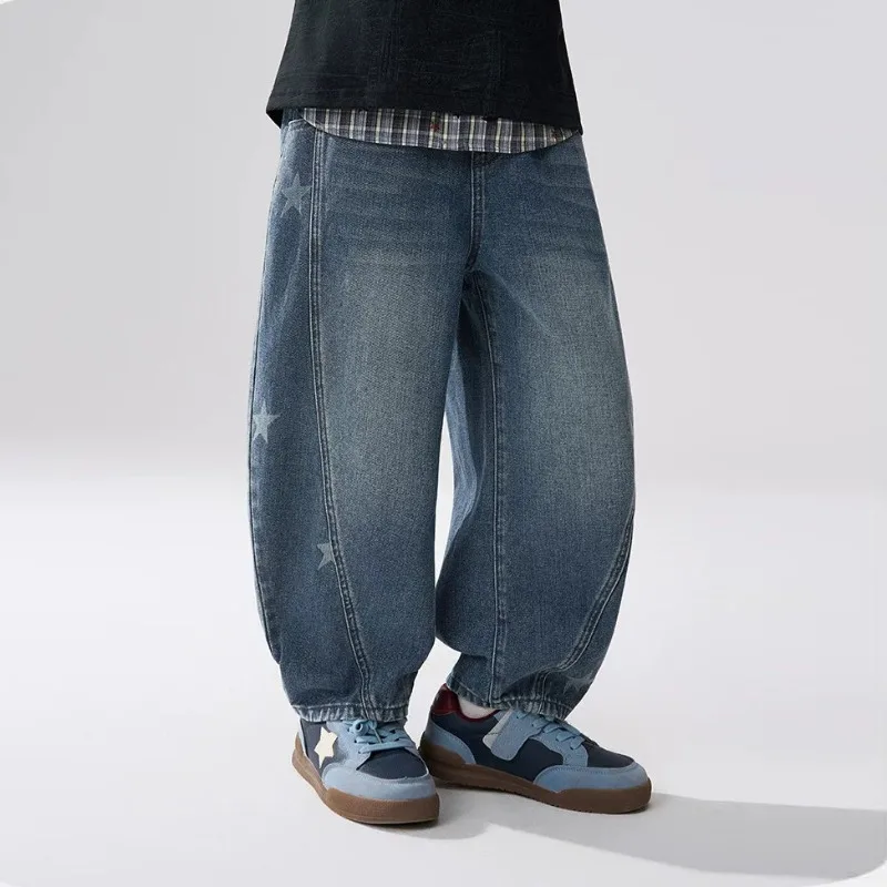 UNITIM Teens Boys Jeans Autumn Vintage 4-14Yrs Kids Boys Sticker Denim Pants 2026 Loose Elastic Waist Junior Boys Straight Pants