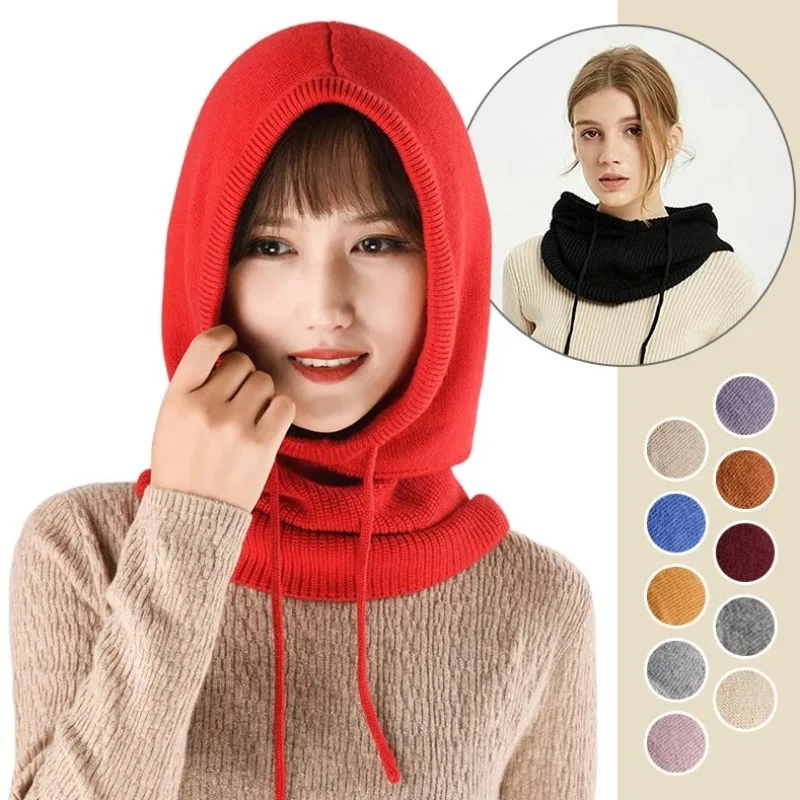 

Unisex Knitted Faux Cashmere Hooded Neck Collar Cap Men Women Drawstring Thick Beanie Scarf Cap Solid Color Winter Knitted Hat