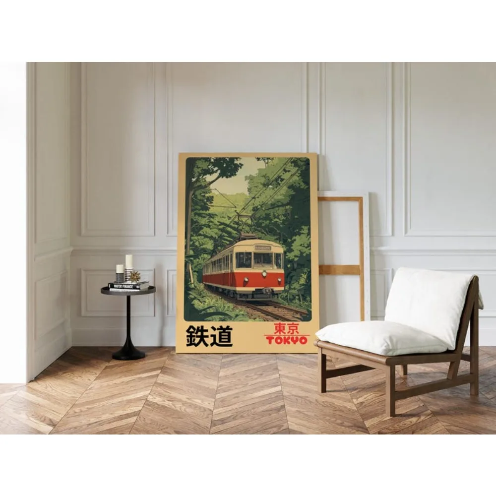 1 szt. Bezramowy Retro Plakat Tokijskiej Kolei Vintage Japoński Pociąg Sceniczny Japonia Podróż Płótno Tokio Kolej Dekoracja Ścienna Styl Anime