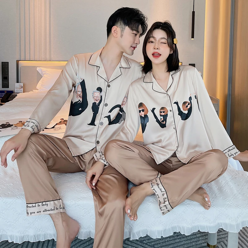 2021 Couples family pajamas women long sleeve open button sleepwear  ice silk suit  Men silk Pajamas