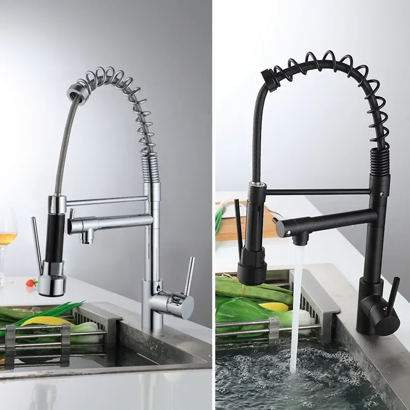 

Spring double faucet hot and cold water brass nickel brushed American rotary drawing sink faucet