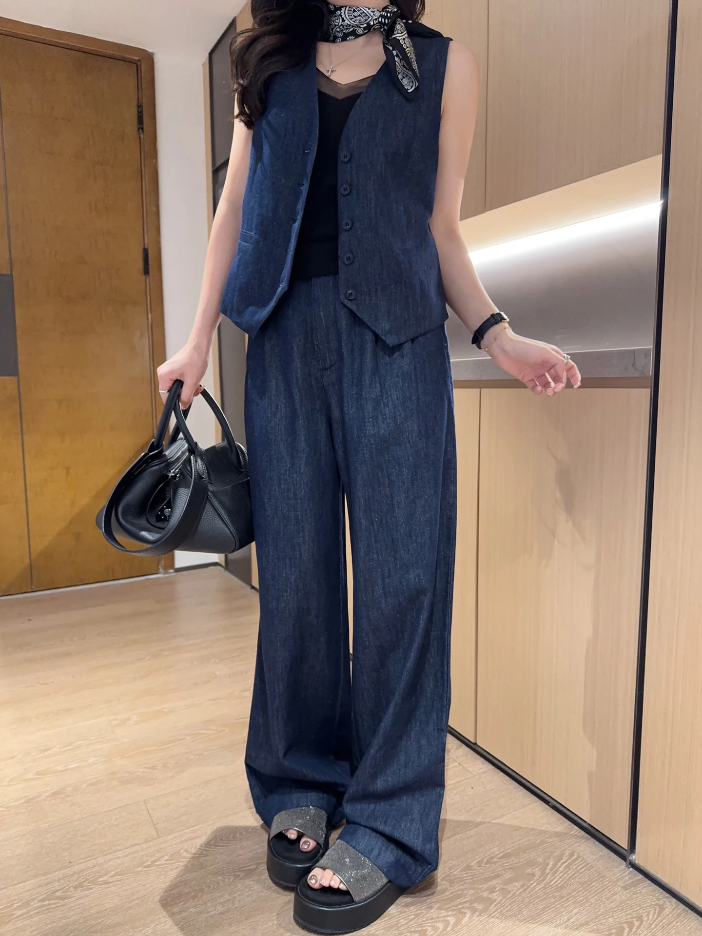 

Comfortable Fashionable Deep Blue Cotton Linen V-neck Waist-cinching Elastic Waist Wide Leg Pants Denim Set Women Summer
