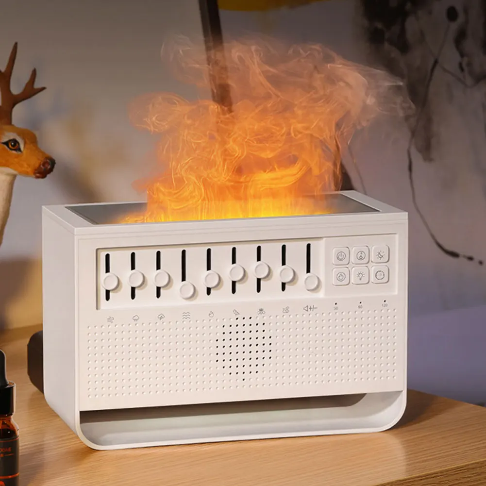 آلة الضوضاء البيضاء لهب موزع الهواء المرطب مع مكبر صوت BT وناشر رائحة الضوء الليلي للبالغين النوم التأمل