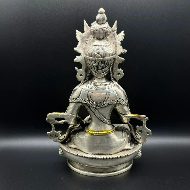 White Copper Silver-plated Tibetan Vajrayana Green Tara Desktop Decoration for Home Living Room Feng Shui Offering Ornament