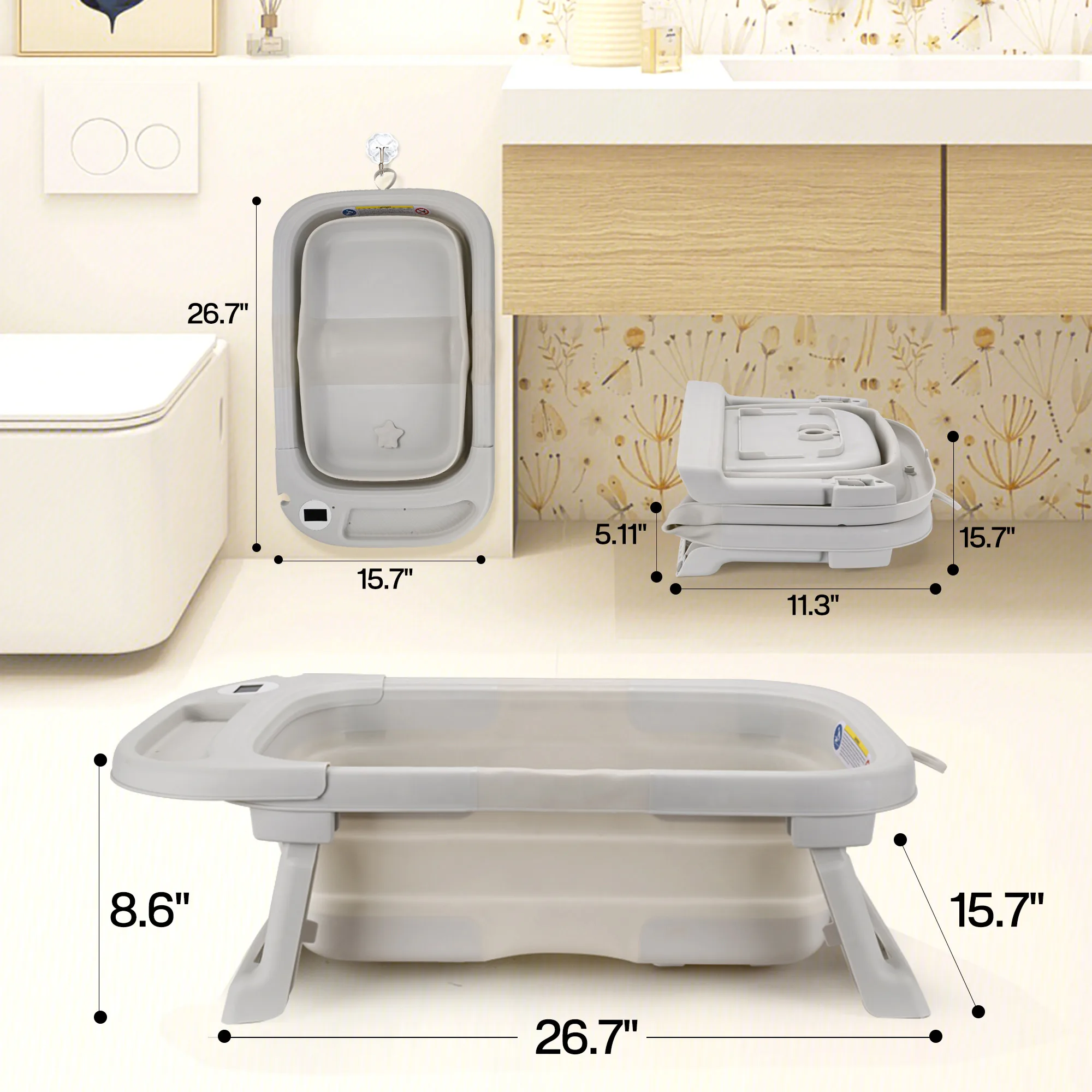 Baignoire pour bébé, baignoire pour bébé avec coussin doux et thermomètre, baignoire pour bébé nouveau-né à 36 mois, baignoire de voyage Portable pour bébé