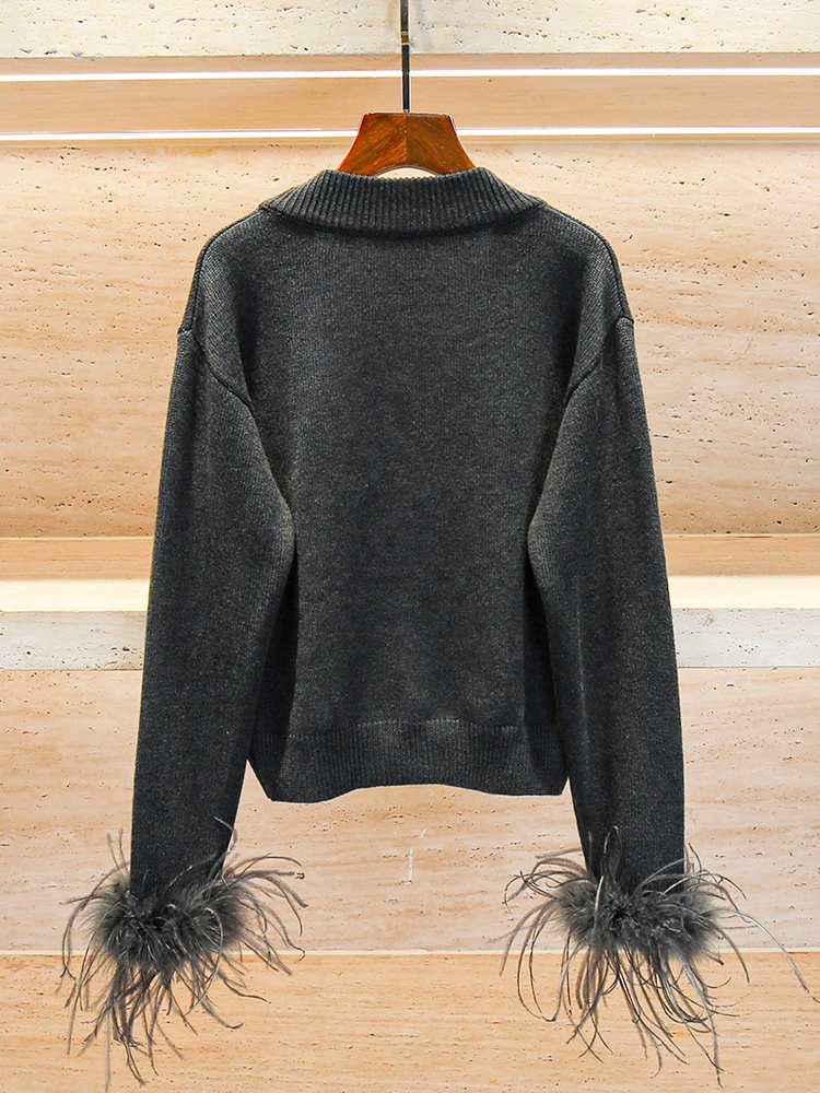 Miumem blusa fena de malha com decote em V e design de penas de avestruz outono estilo universitário moda casual csa d...