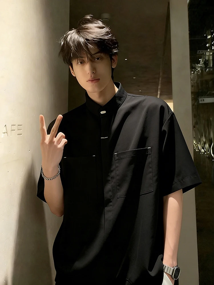 

Bla Ice Silk ort Sve irt Men's Engagement Wear Traditional Chinese Sle Design Workwear Five-Quarter Sve Stand C...